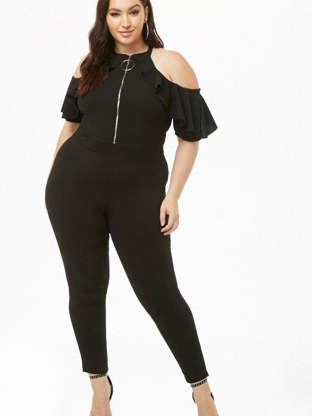 FOrever 21 Black Plus Size Ruffle-Trim Open-Shoulder Jumpsuit 2X